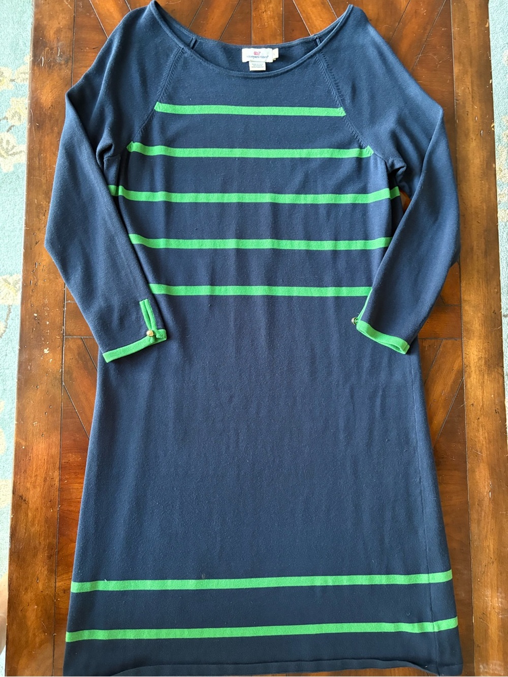 Vineyard Vines Navy Sweater Dress with Green Stripes